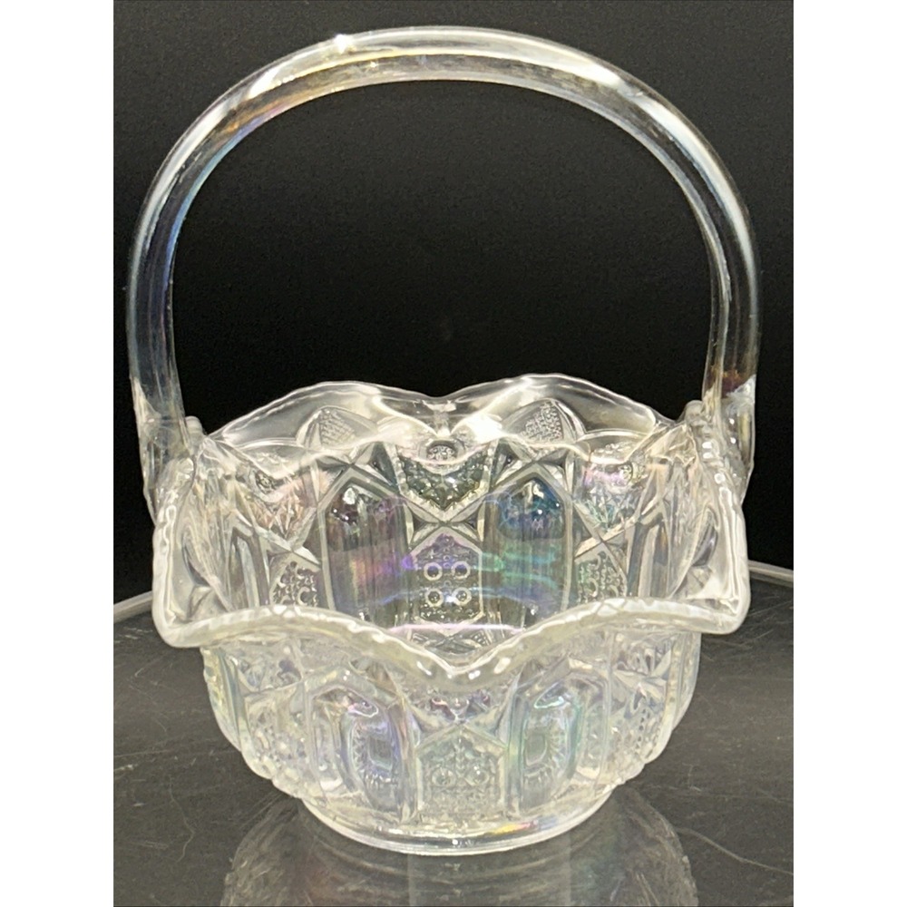 Vintage‎ LE Smith Glass Iridescent Quintec pattern Ruffled Basket 8" #6523